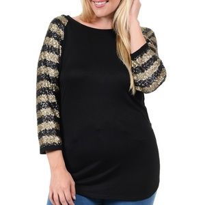 BLACK & GOLD SEQUIN STRIPE BOAT-NECK TOP - PLUS